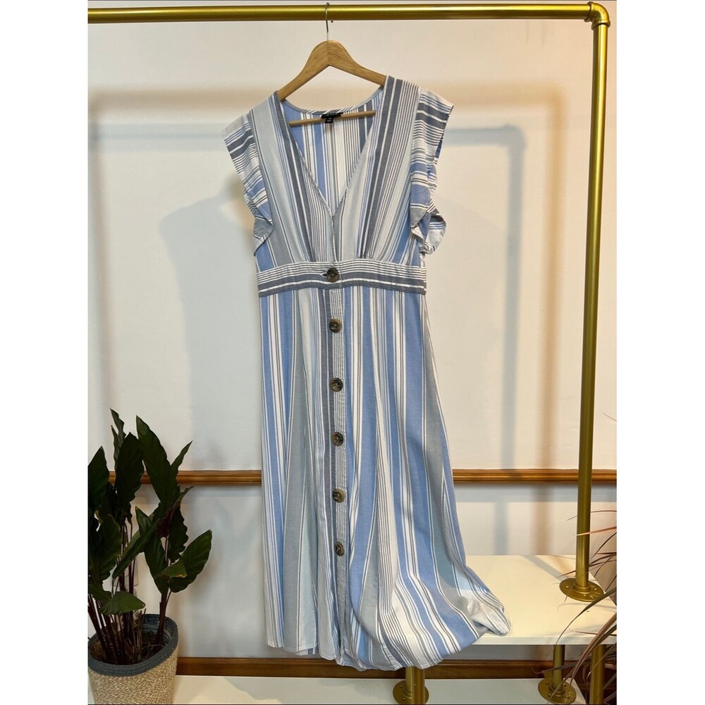a.n.a Blue and White Striped V-Neck Midi Dress